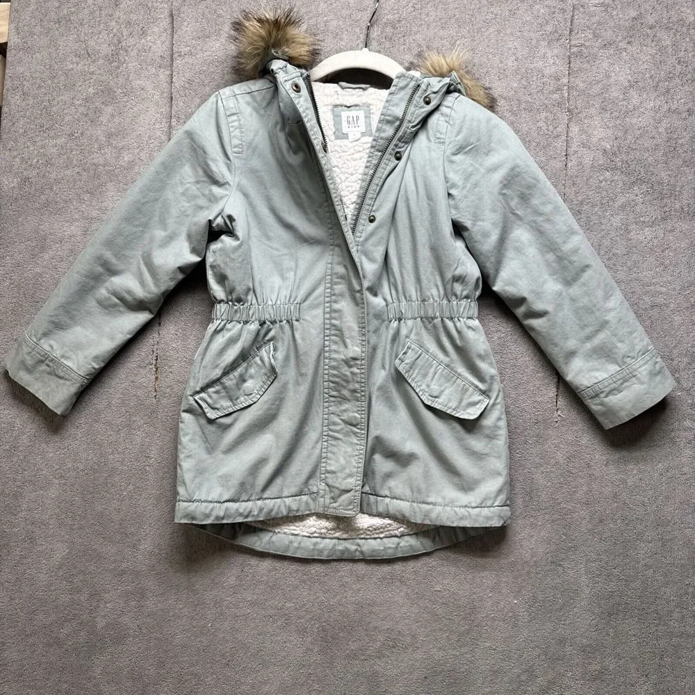 Gap Kids Sherpa-Lined Utility Parka Small‎ Sage Faux Fur Jacket Hooded Insulated